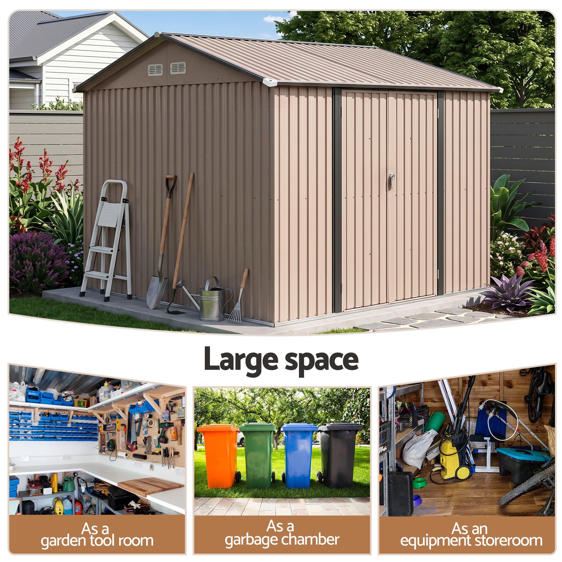Giantz 3X3M Garden Shed Outdoor Storage Backyard Tool Shed Galvanized Steel Brown SHED-GAB-10X10-BR-ABCD