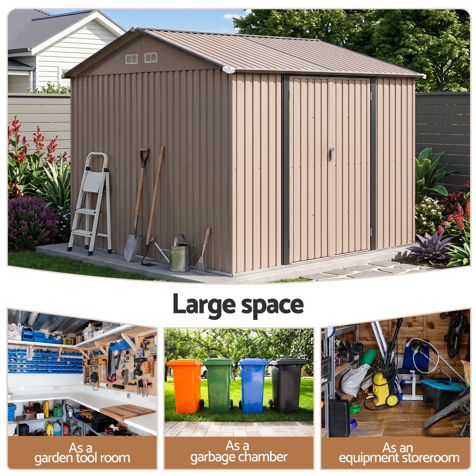Giantz 3X3M Garden Shed Outdoor Storage Backyard Tool Shed Galvanized Steel Brown SHED-GAB-10X10-BR-ABCD