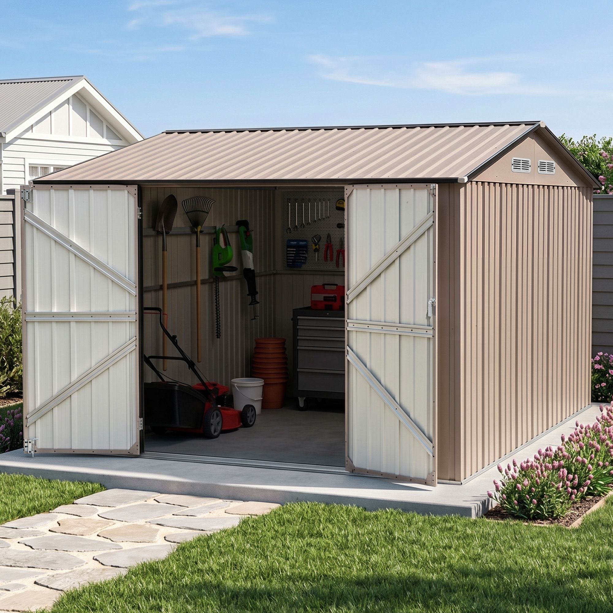 Giantz 3X3M Garden Shed Outdoor Storage Backyard Tool Shed Galvanized Steel Brown SHED-GAB-10X10-BR-ABCD