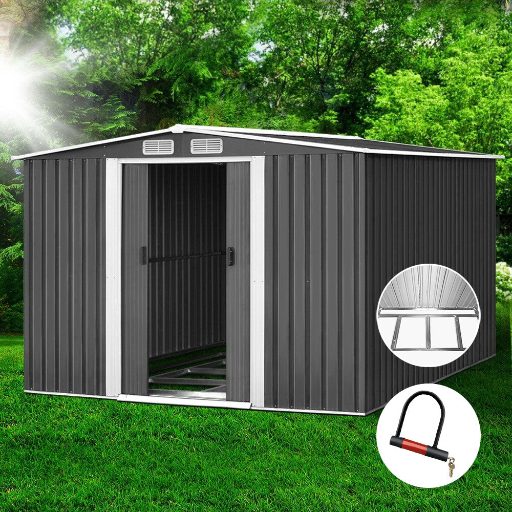 Giantz Garden Shed 2.58x3.14M w/Metal Base Sheds Outdoor Storage Workshop Shelter Sliding Door SHED-GAB-10X8X6-BS-ABC