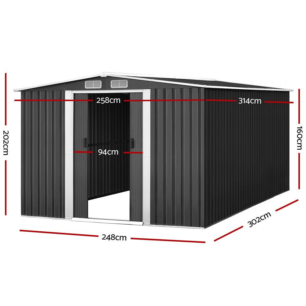 Giantz Garden Shed 2.58x3.14M w/Metal Base Sheds Outdoor Storage Workshop Shelter Sliding Door SHED-GAB-10X8X6-BS-ABC