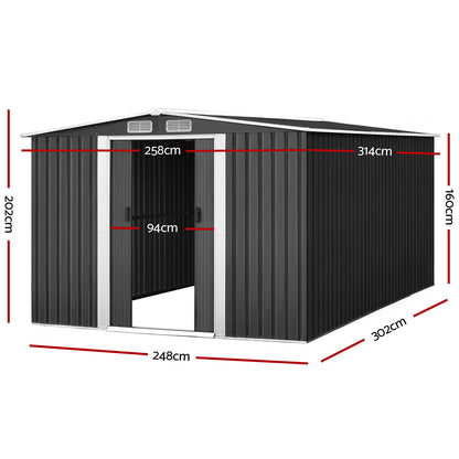 Giantz Garden Shed 2.58x3.14M w/Metal Base Sheds Outdoor Storage Workshop Shelter Sliding Door SHED-GAB-10X8X6-BS-ABC
