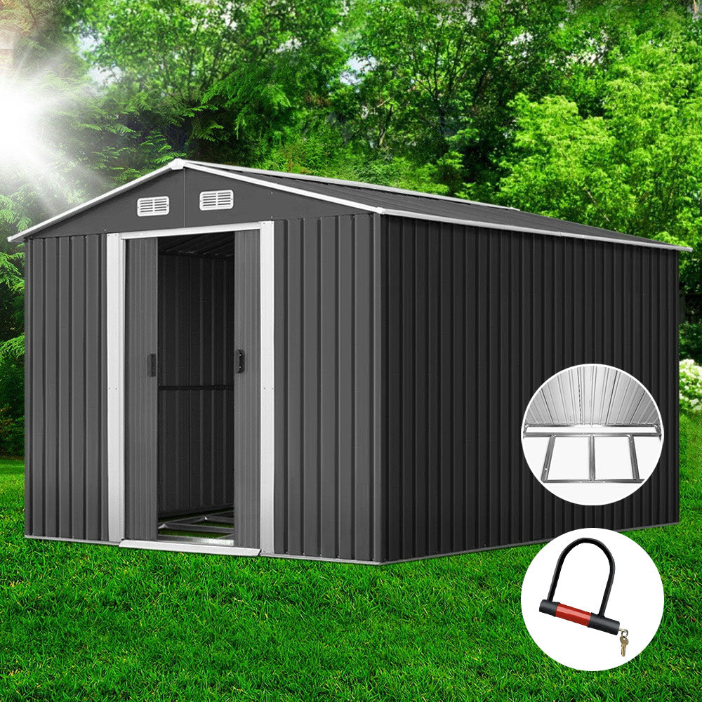 Giantz Garden Shed 2.6x3.9M w/Metal Base Sheds Outdoor Storage Workshop Tool Shelter Sliding Door SHED-GAB-12X8X6-BS-ABC
