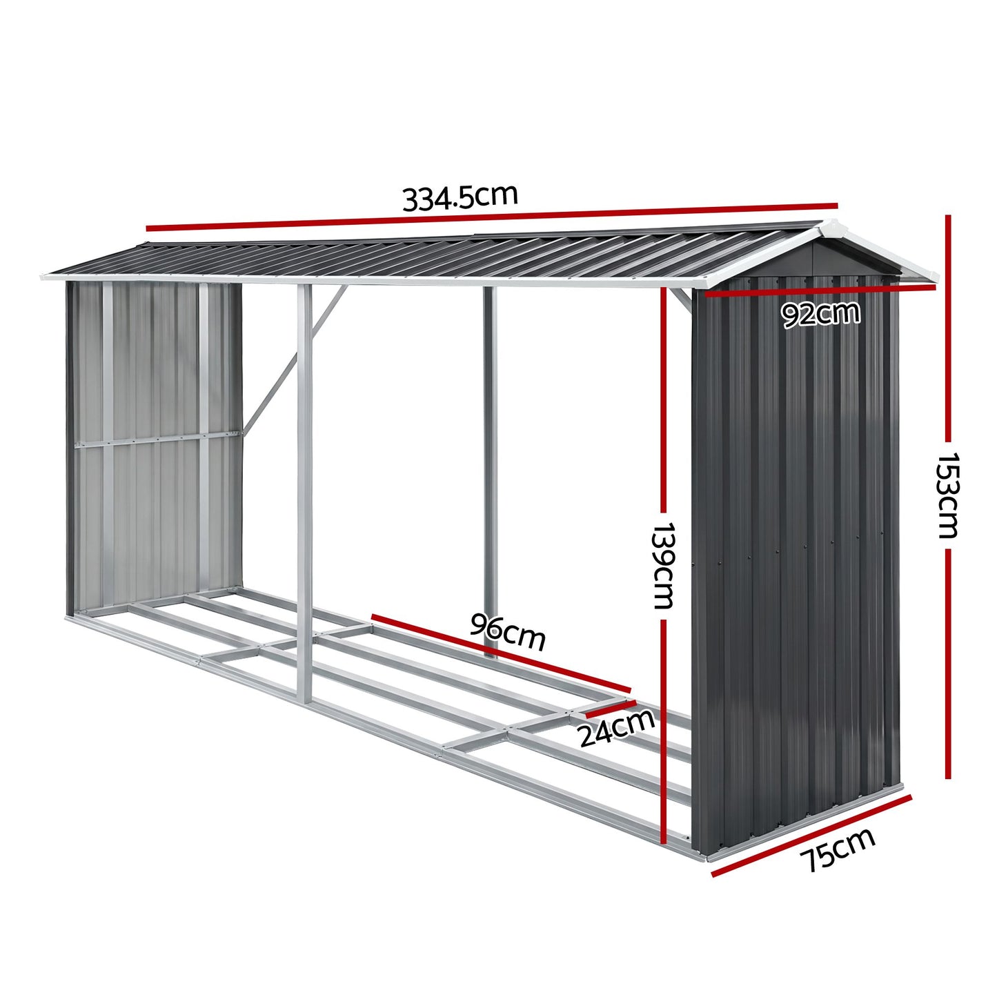 Giantz Firewood Storage Shed 334.5CM x 92CM Outdoor Log Rack Galvanised Steel Wood Holder SHED-LOG-330X92-BK
