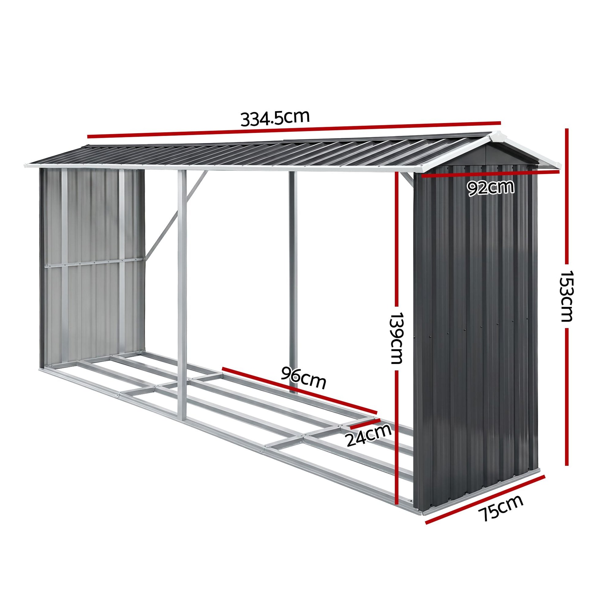 Giantz Firewood Storage Shed 334.5CM x 92CM Outdoor Log Rack Galvanised Steel Wood Holder SHED-LOG-330X92-BK