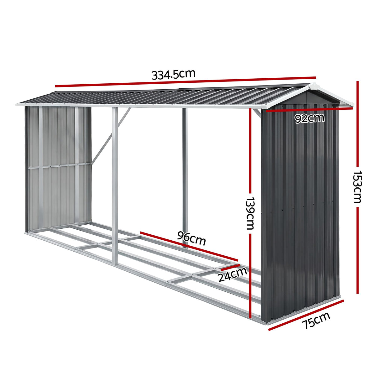 Giantz Firewood Storage Shed 334.5CM x 92CM Outdoor Log Rack Galvanised Steel Wood Holder SHED-LOG-330X92-BK
