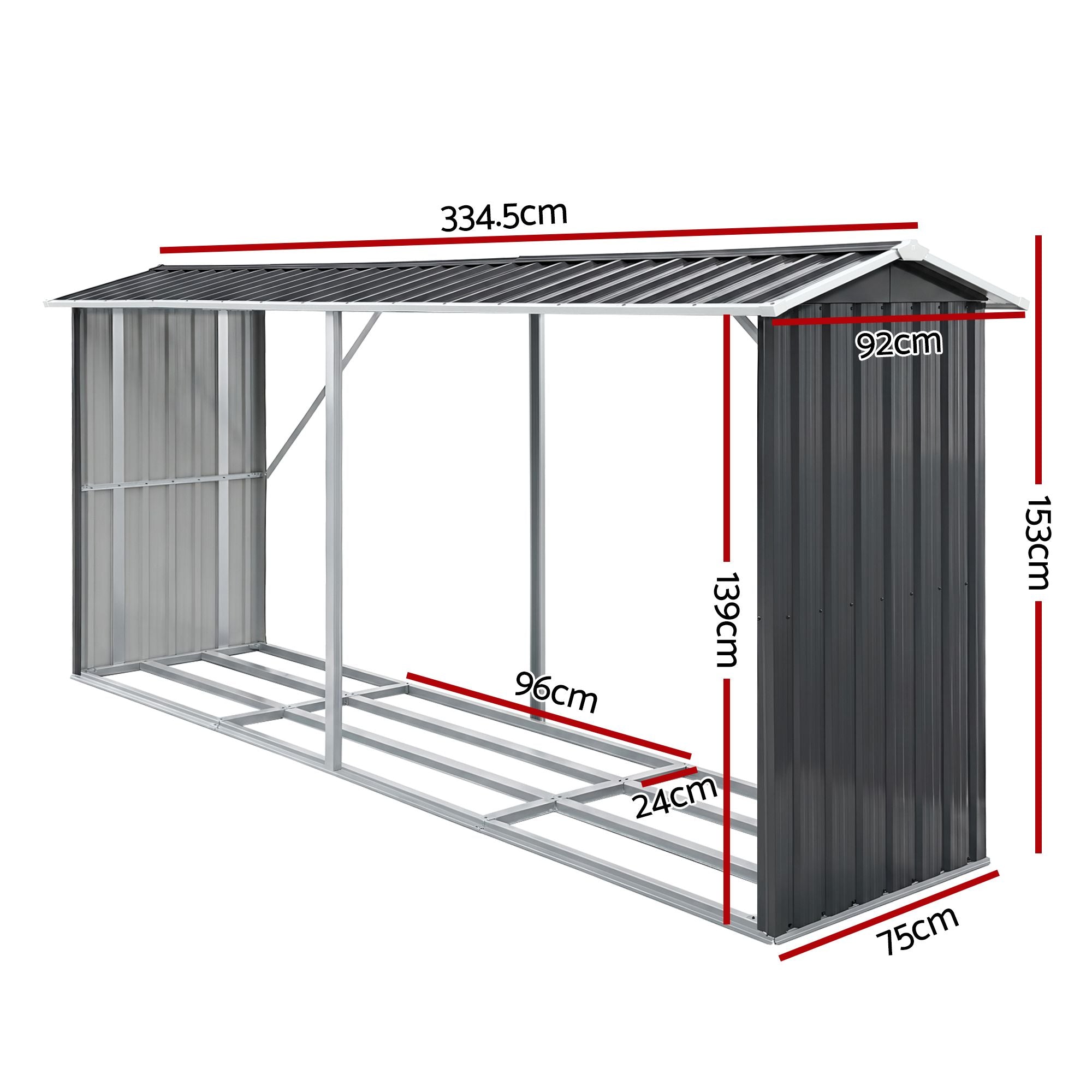 Giantz Firewood Storage Shed 334.5CM x 92CM Outdoor Log Rack Galvanised Steel Wood Holder SHED-LOG-330X92-BK
