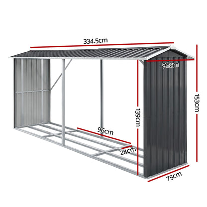 Giantz Firewood Storage Shed 334.5CM x 92CM Outdoor Log Rack Galvanised Steel Wood Holder SHED-LOG-330X92-BK