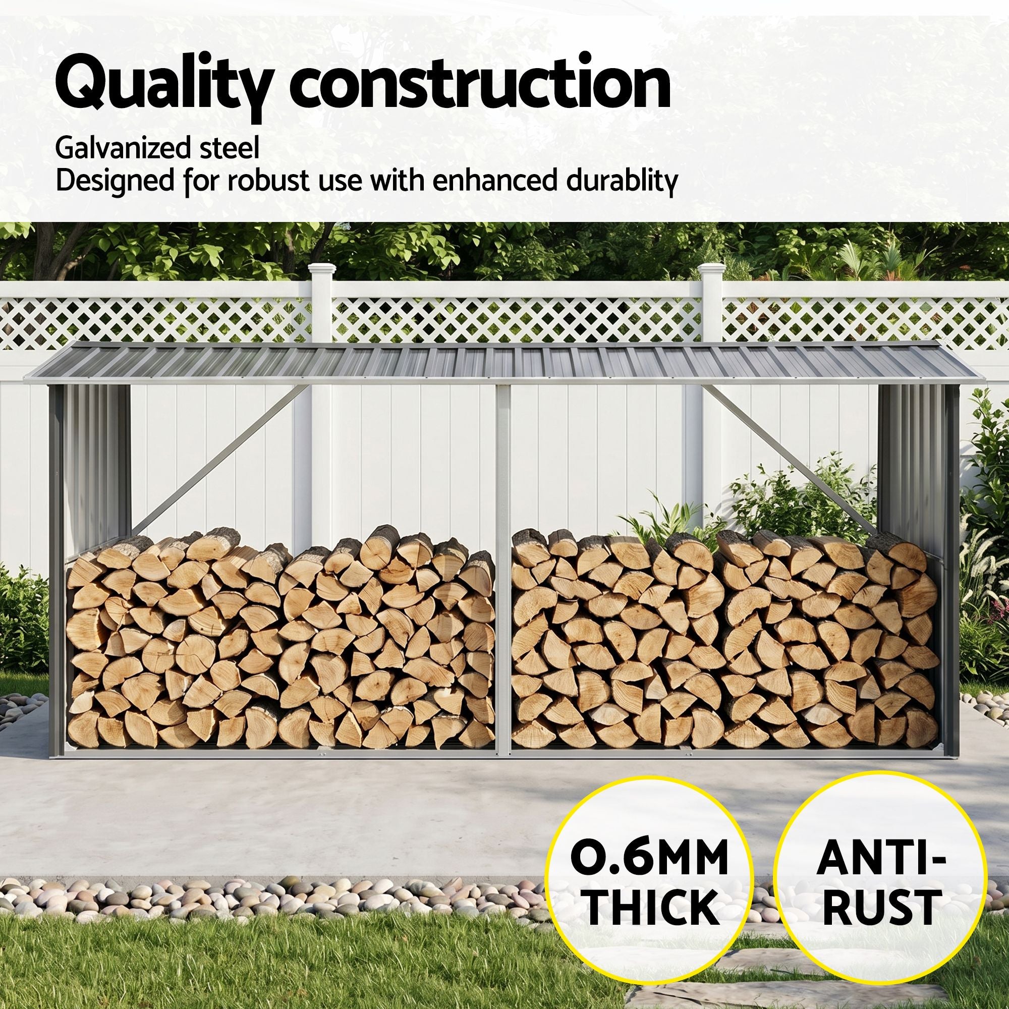 Giantz Firewood Storage Shed 334.5CM x 92CM Outdoor Log Rack Galvanised Steel Wood Holder SHED-LOG-330X92-BK