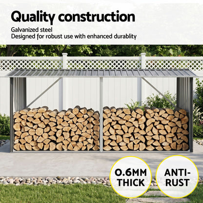 Giantz Firewood Storage Shed 334.5CM x 92CM Outdoor Log Rack Galvanised Steel Wood Holder SHED-LOG-330X92-BK