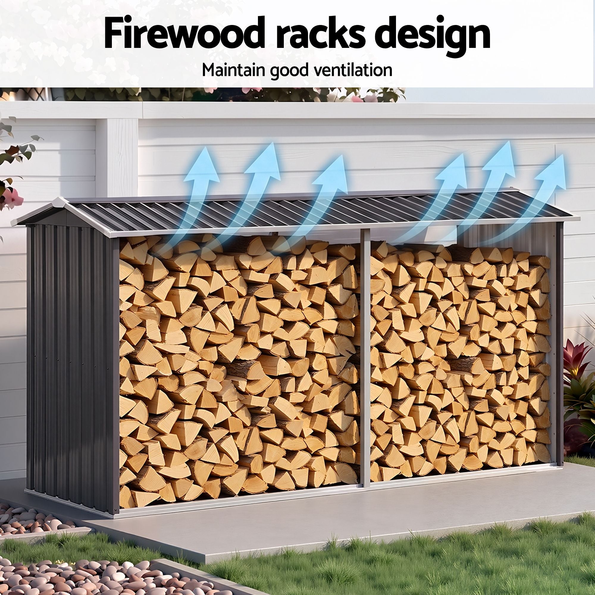 Giantz Firewood Storage Shed 334.5CM x 92CM Outdoor Log Rack Galvanised Steel Wood Holder SHED-LOG-330X92-BK