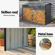 Giantz Firewood Storage Shed 334.5CM x 92CM Outdoor Log Rack Galvanised Steel Wood Holder SHED-LOG-330X92-BK