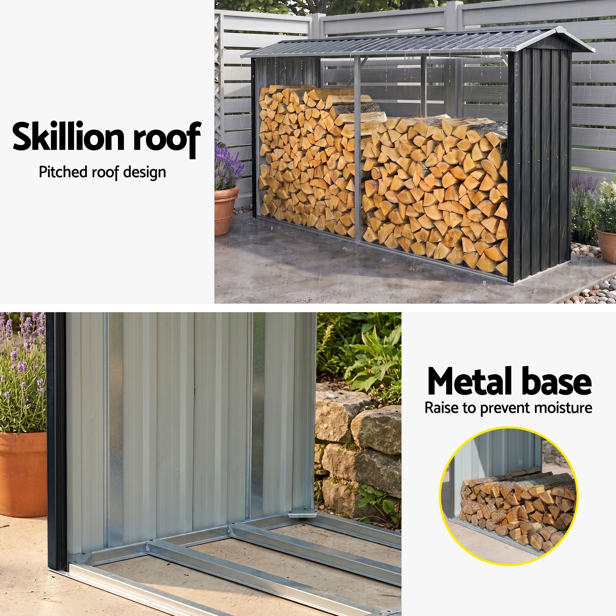 Giantz Firewood Storage Shed 334.5CM x 92CM Outdoor Log Rack Galvanised Steel Wood Holder SHED-LOG-330X92-BK
