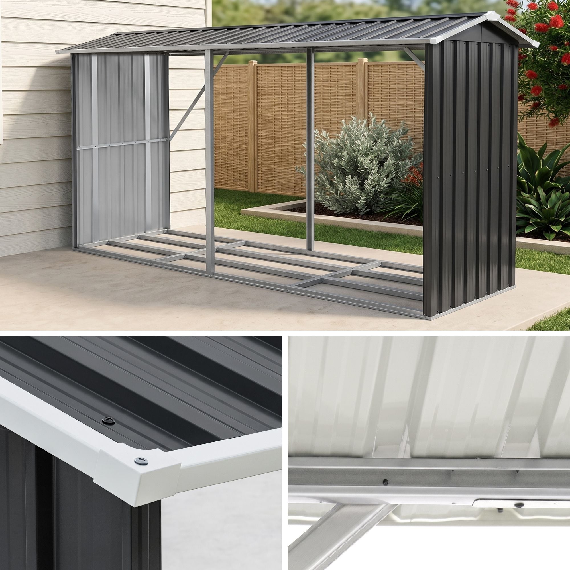 Giantz Firewood Storage Shed 334.5CM x 92CM Outdoor Log Rack Galvanised Steel Wood Holder SHED-LOG-330X92-BK