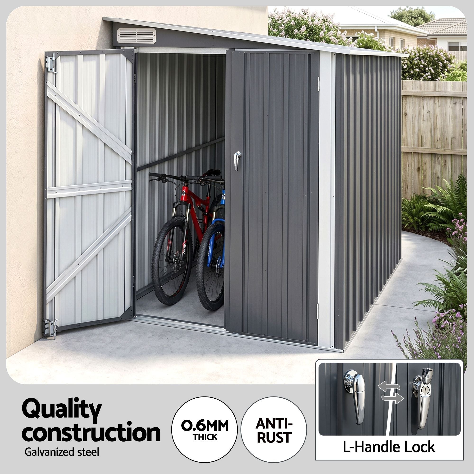 Giantz Garden Shed 118x238cm Lean To Bike Shelter Backyard Outdoor Storage SHED-WALL-4X8-BK-AB