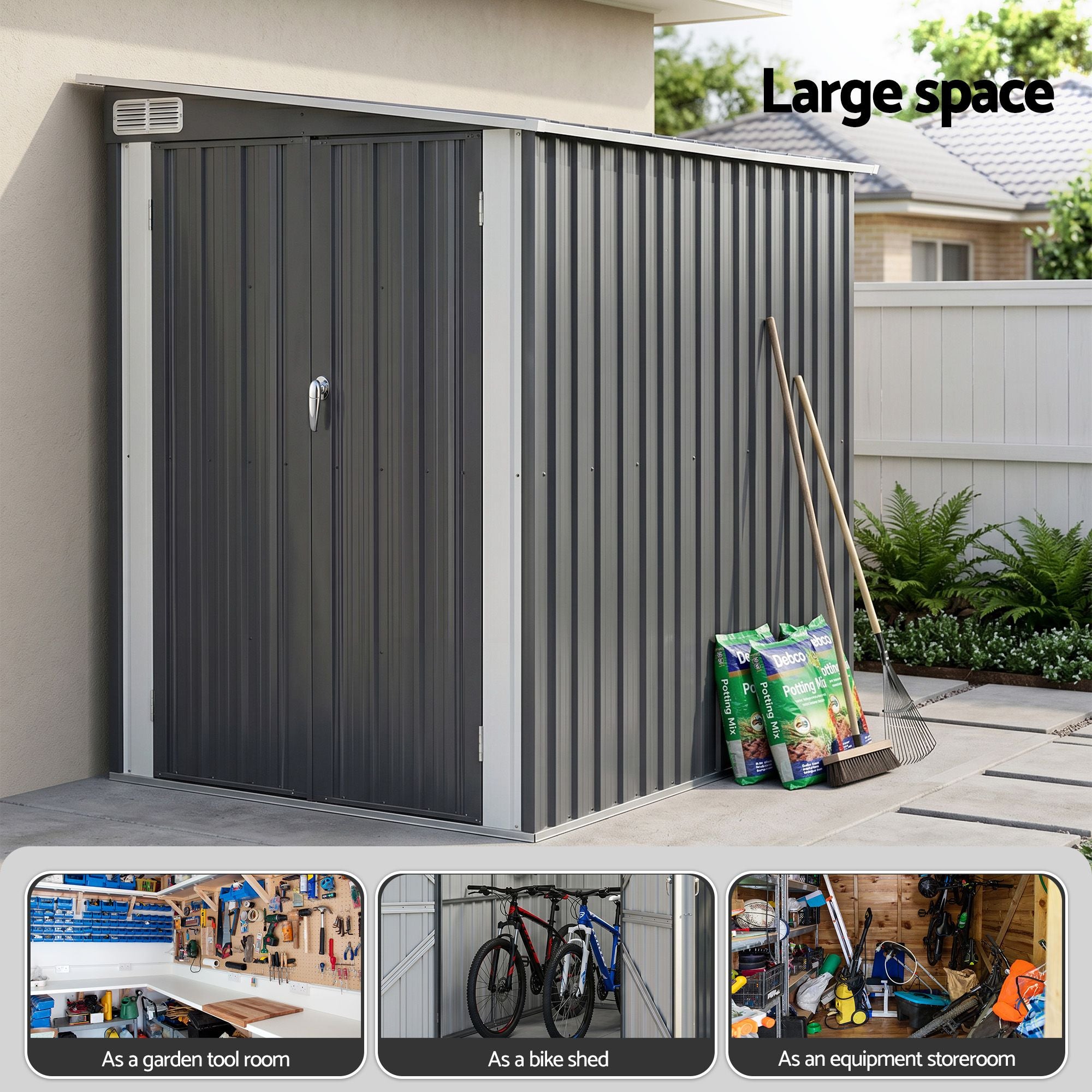 Giantz Garden Shed 118x238cm Lean To Bike Shelter Backyard Outdoor Storage SHED-WALL-4X8-BK-AB