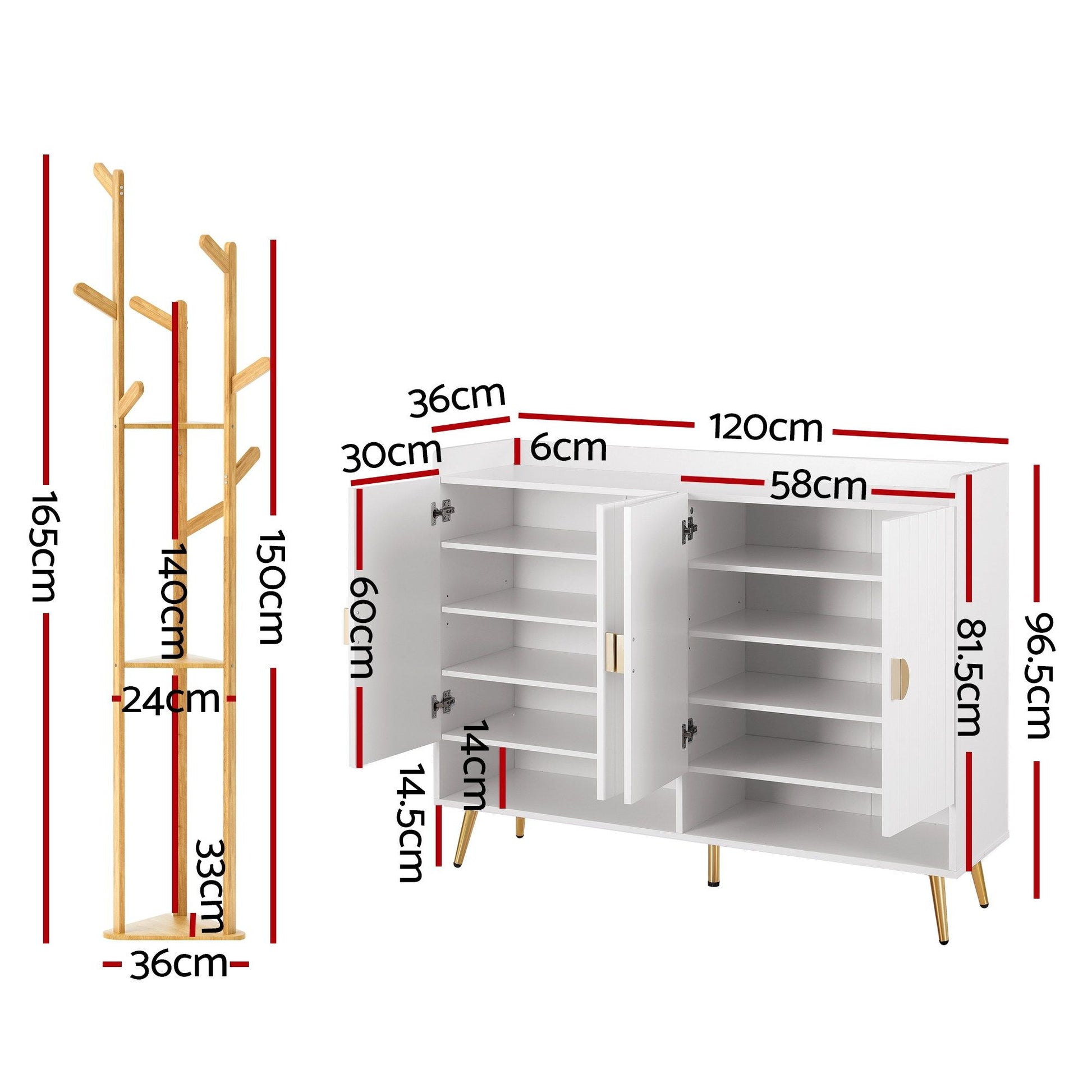 Artiss Shoe Rack Cabinet & Clothes Rack Set Storage Shelf White Pine SHOE-HANGER-01-WHWD
