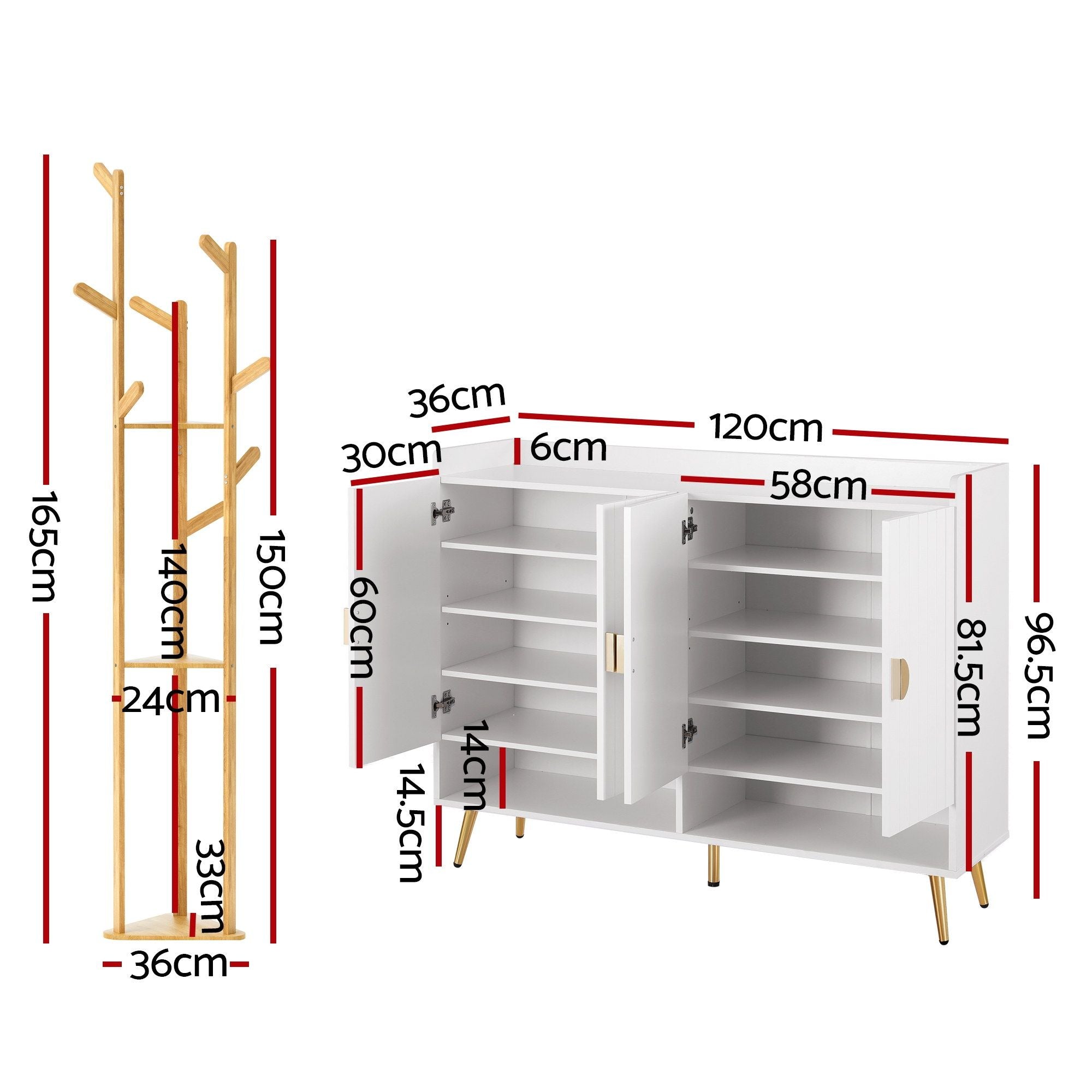 Artiss Shoe Rack Cabinet & Clothes Rack Set Storage Shelf White Pine SHOE-HANGER-01-WHWD