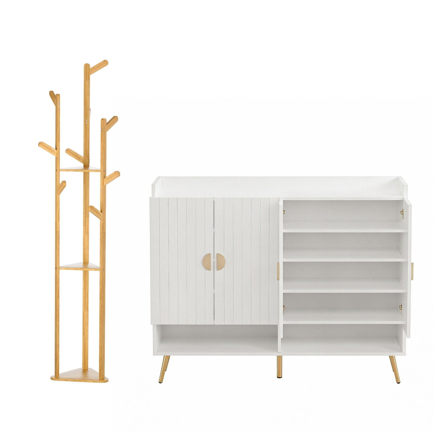 Artiss Shoe Rack Cabinet & Clothes Rack Set Storage Shelf White Pine SHOE-HANGER-01-WHWD