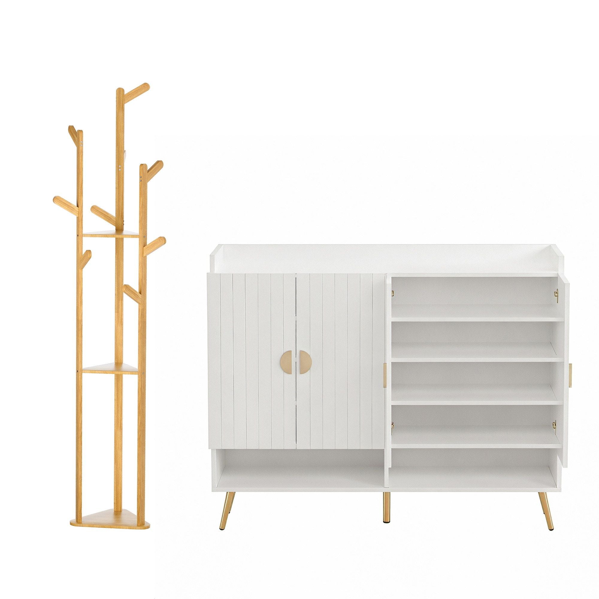 Artiss Shoe Rack Cabinet & Clothes Rack Set Storage Shelf White Pine SHOE-HANGER-01-WHWD
