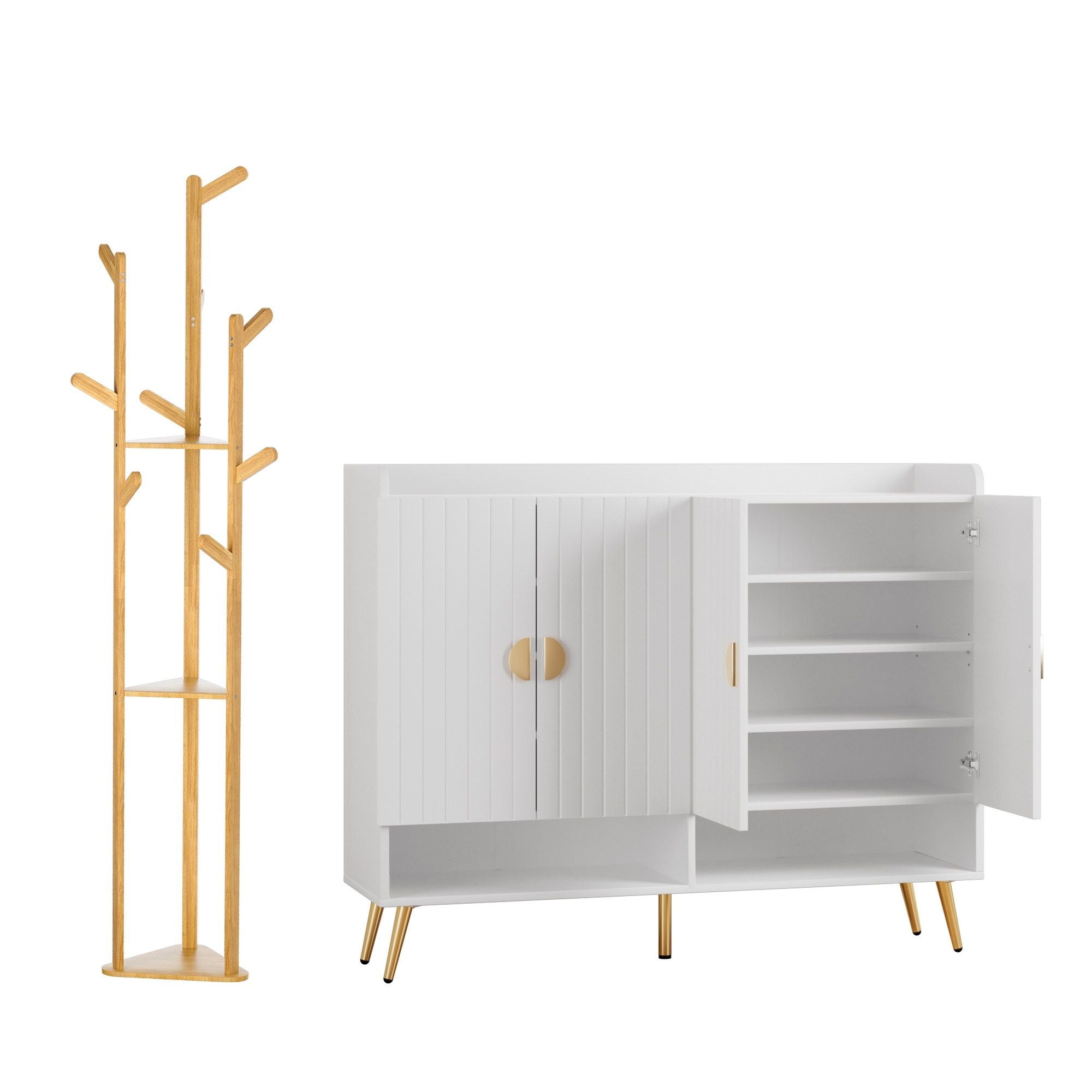 Artiss Shoe Rack Cabinet & Clothes Rack Set Storage Shelf White Pine SHOE-HANGER-01-WHWD