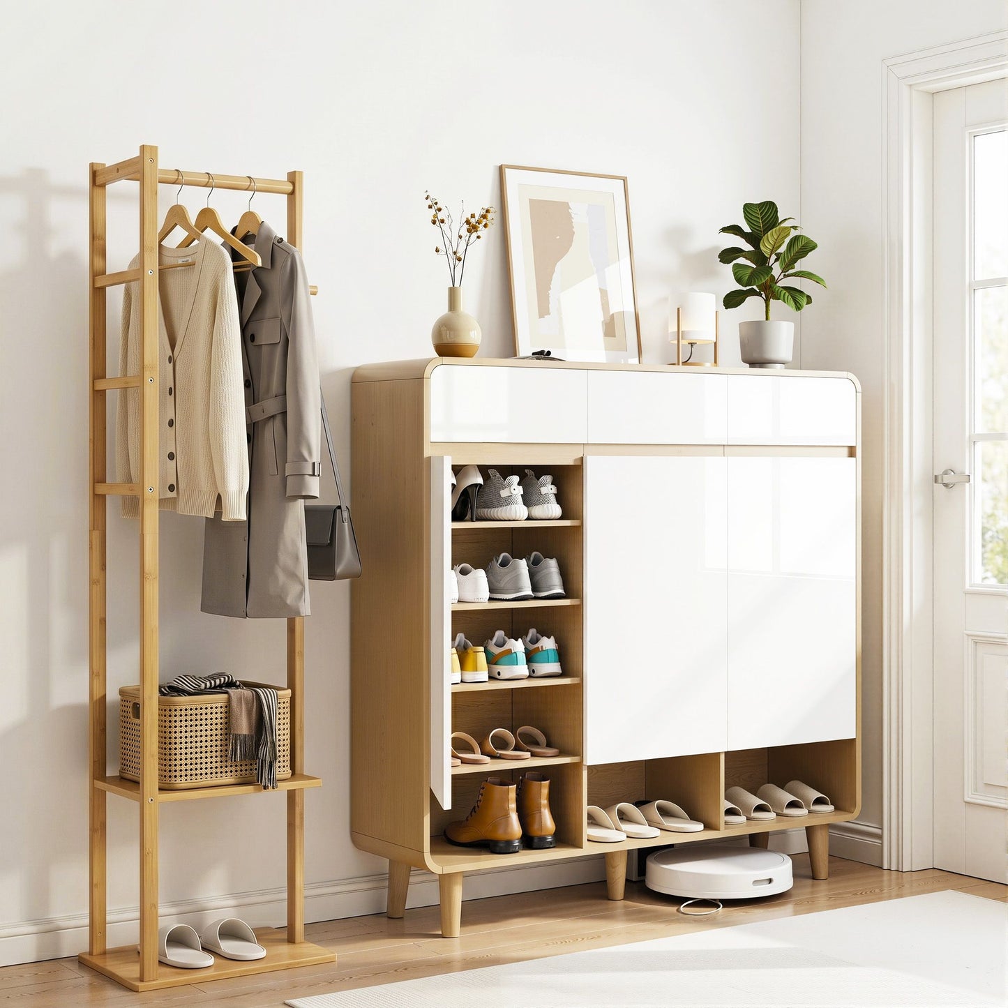Artiss Shoe Rack Cabinet Wooden & Bamboo Clothes Rack Set Storage Shelf White Pine SHOE-HANGER-02-WHWD