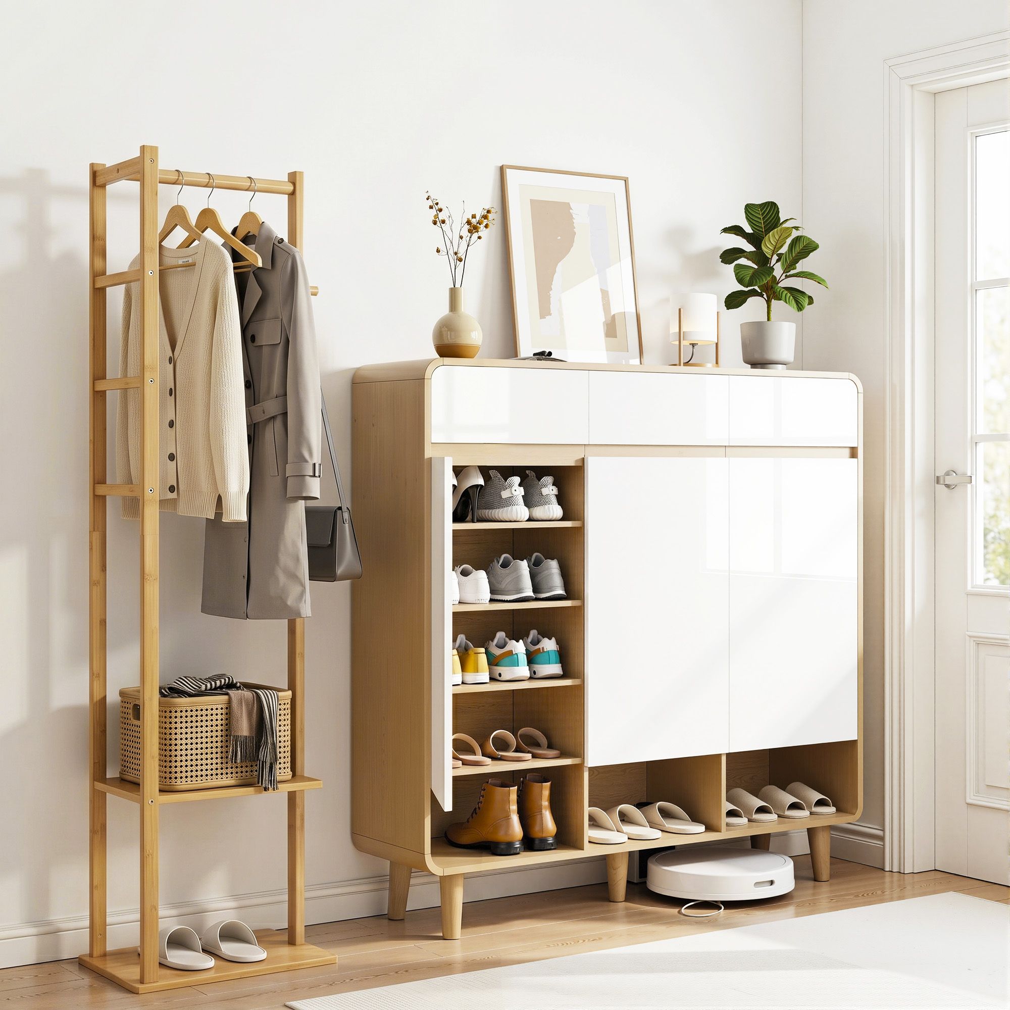 Artiss Shoe Rack Cabinet Wooden & Bamboo Clothes Rack Set Storage Shelf White Pine SHOE-HANGER-02-WHWD