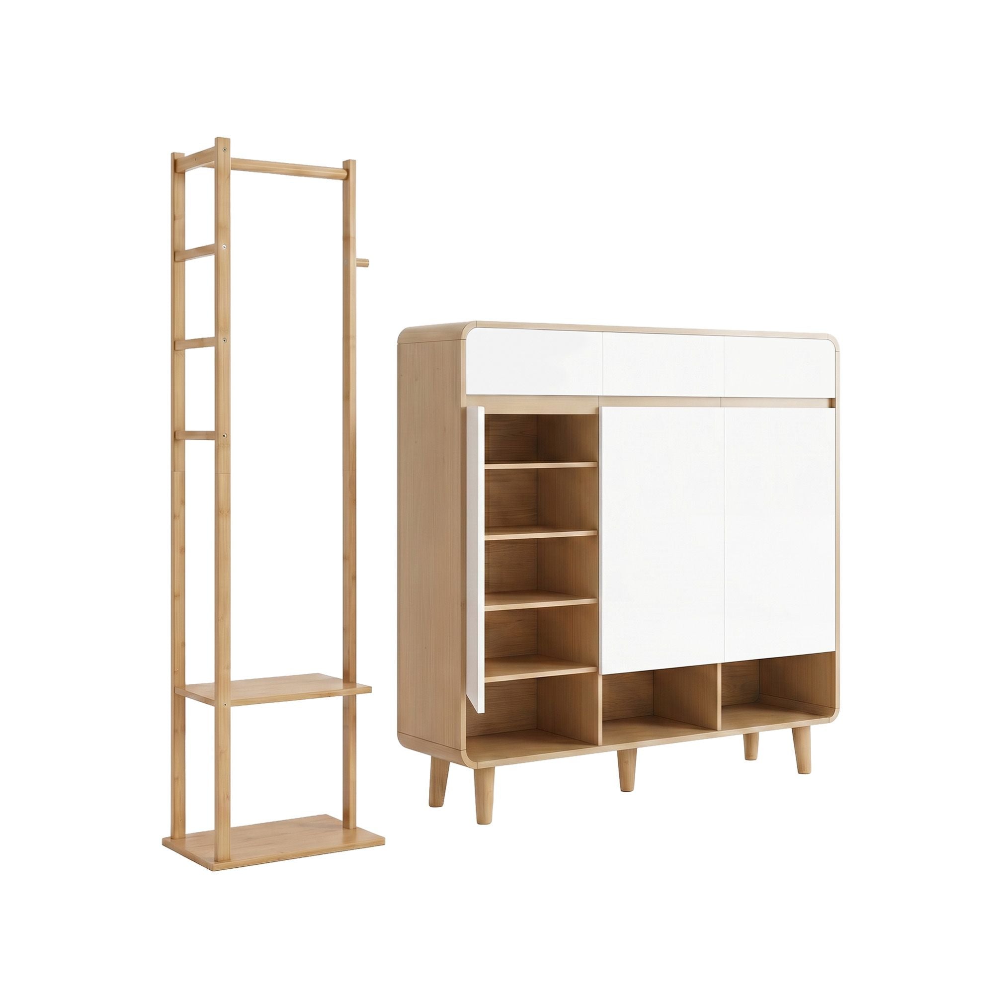 Artiss Shoe Rack Cabinet Wooden & Bamboo Clothes Rack Set Storage Shelf White Pine SHOE-HANGER-02-WHWD