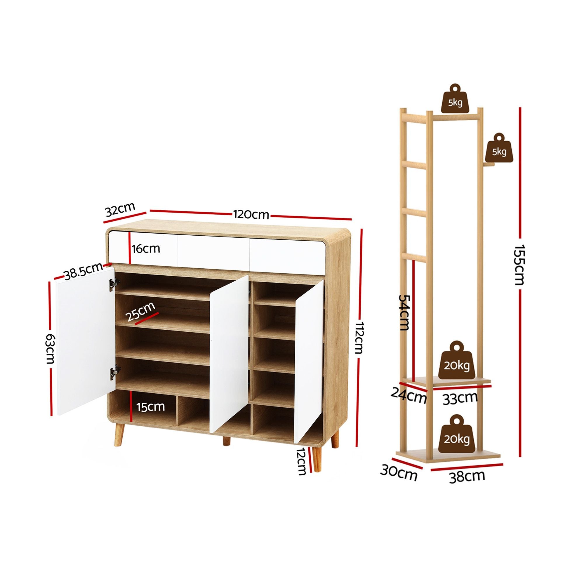 Artiss Shoe Rack Cabinet Wooden & Bamboo Clothes Rack Set Storage Shelf White Pine SHOE-HANGER-02-WHWD