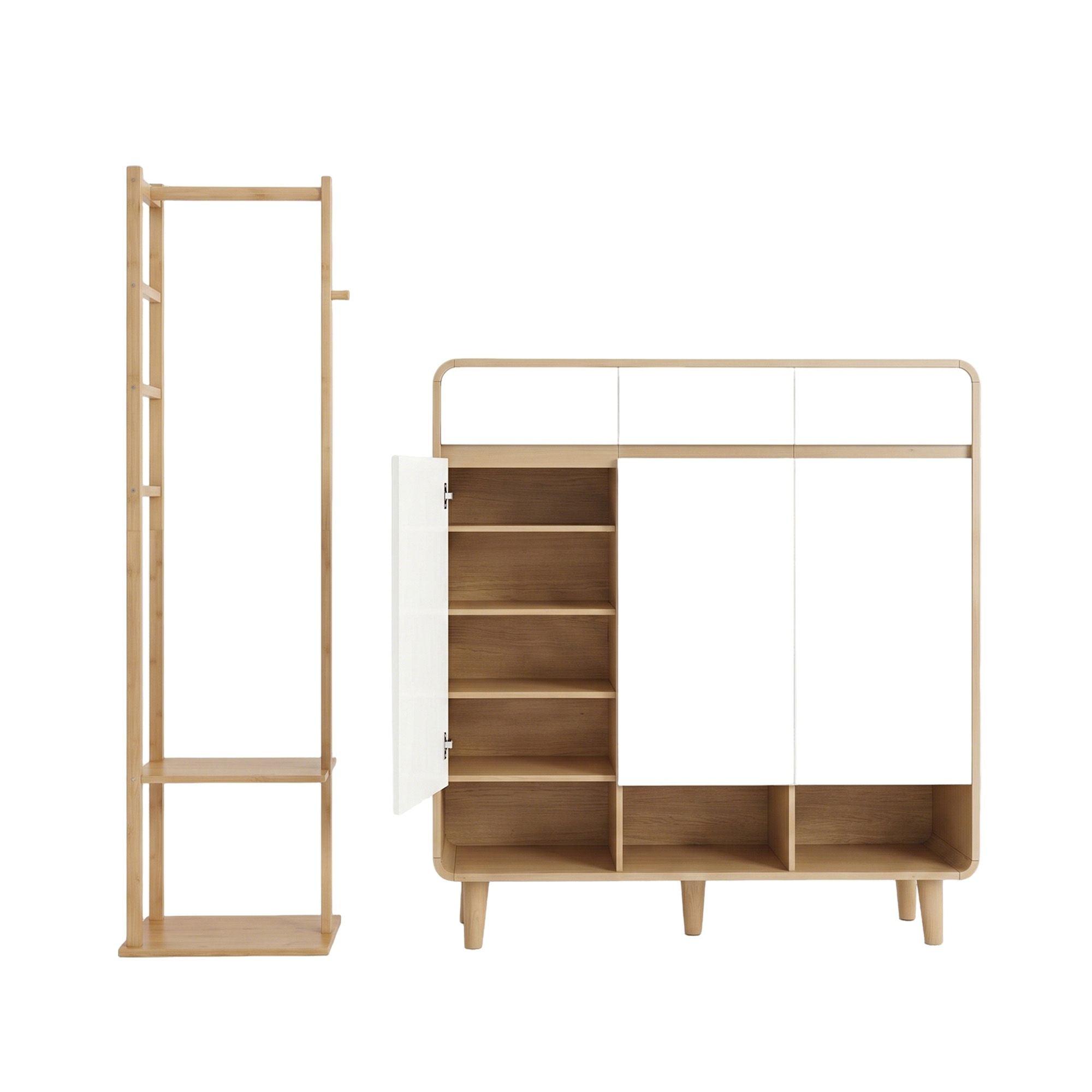 Artiss Shoe Rack Cabinet Wooden & Bamboo Clothes Rack Set Storage Shelf White Pine SHOE-HANGER-02-WHWD