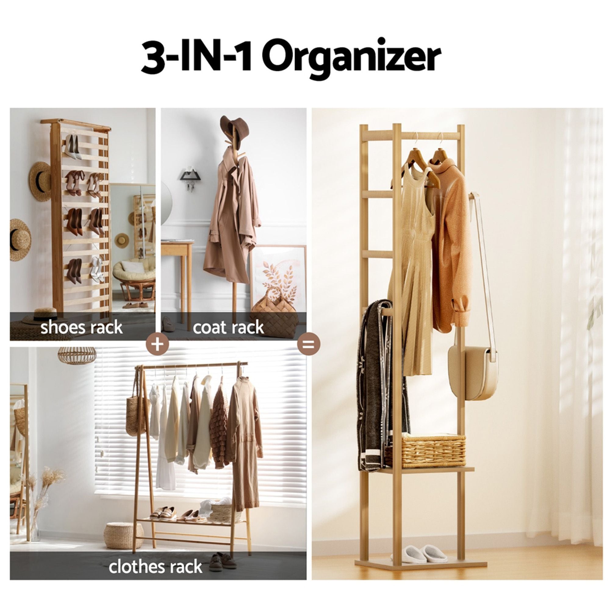 Artiss Shoe Rack Cabinet Wooden & Bamboo Clothes Rack Set Storage Shelf White Pine SHOE-HANGER-02-WHWD