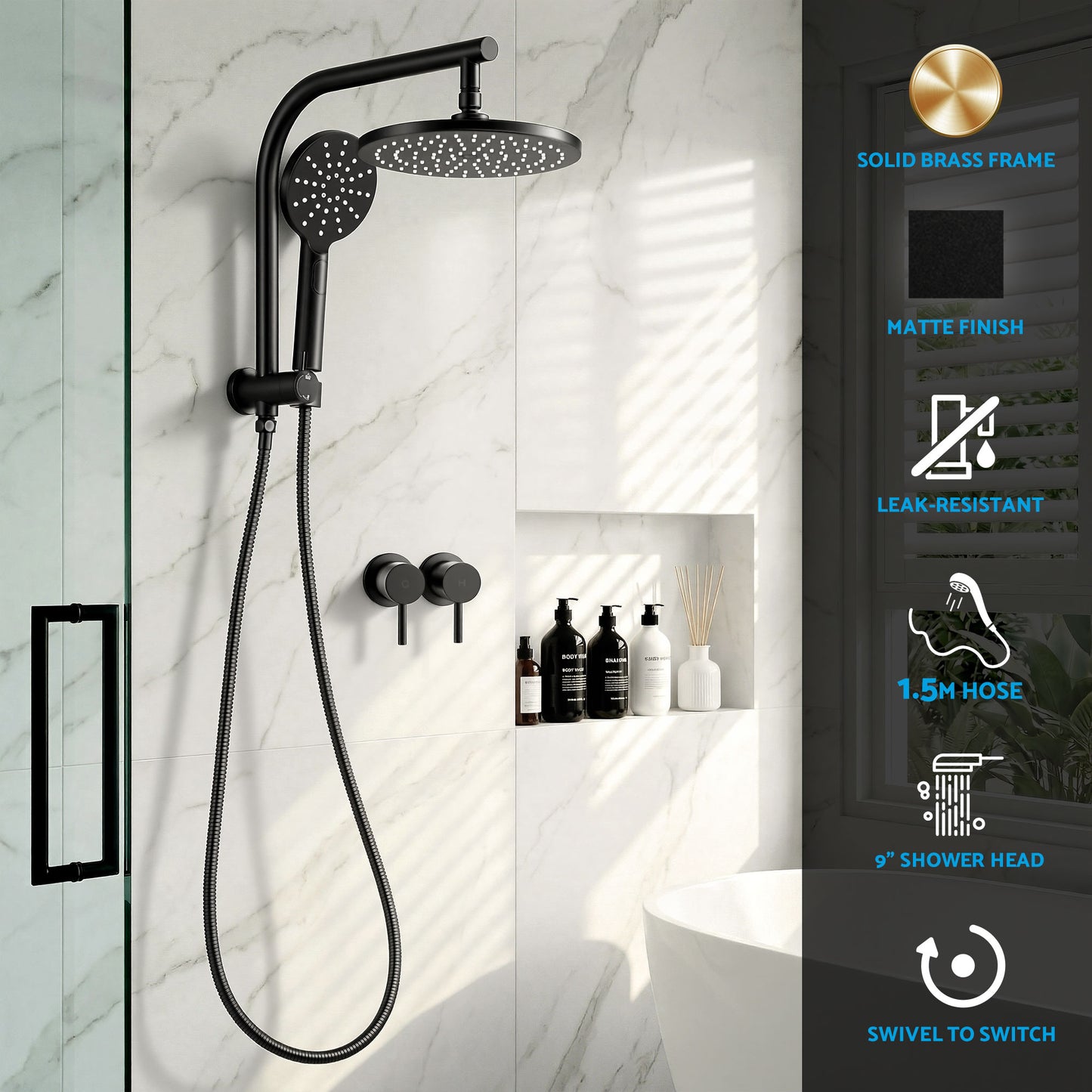 Cefito 9'' Rain Shower Head Set Handheld Round High Pressure Twins Tap Chrome SHOWER-A1-RO-9-BK-TAP-RO
