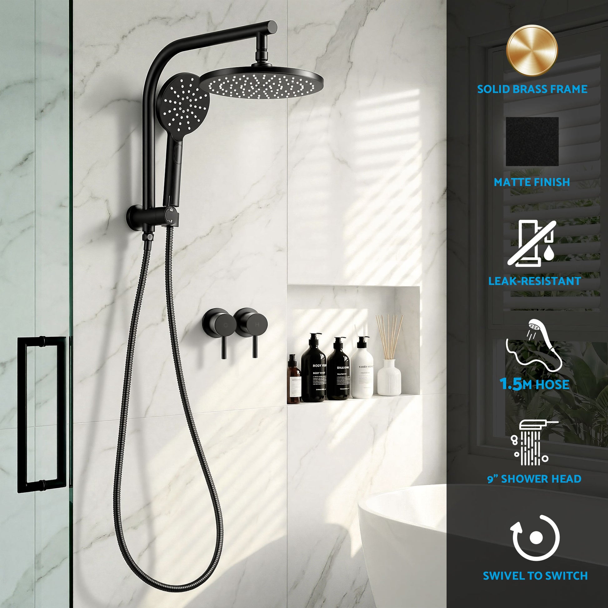Cefito 9'' Rain Shower Head Set Handheld Round High Pressure Twins Tap Chrome SHOWER-A1-RO-9-BK-TAP-RO