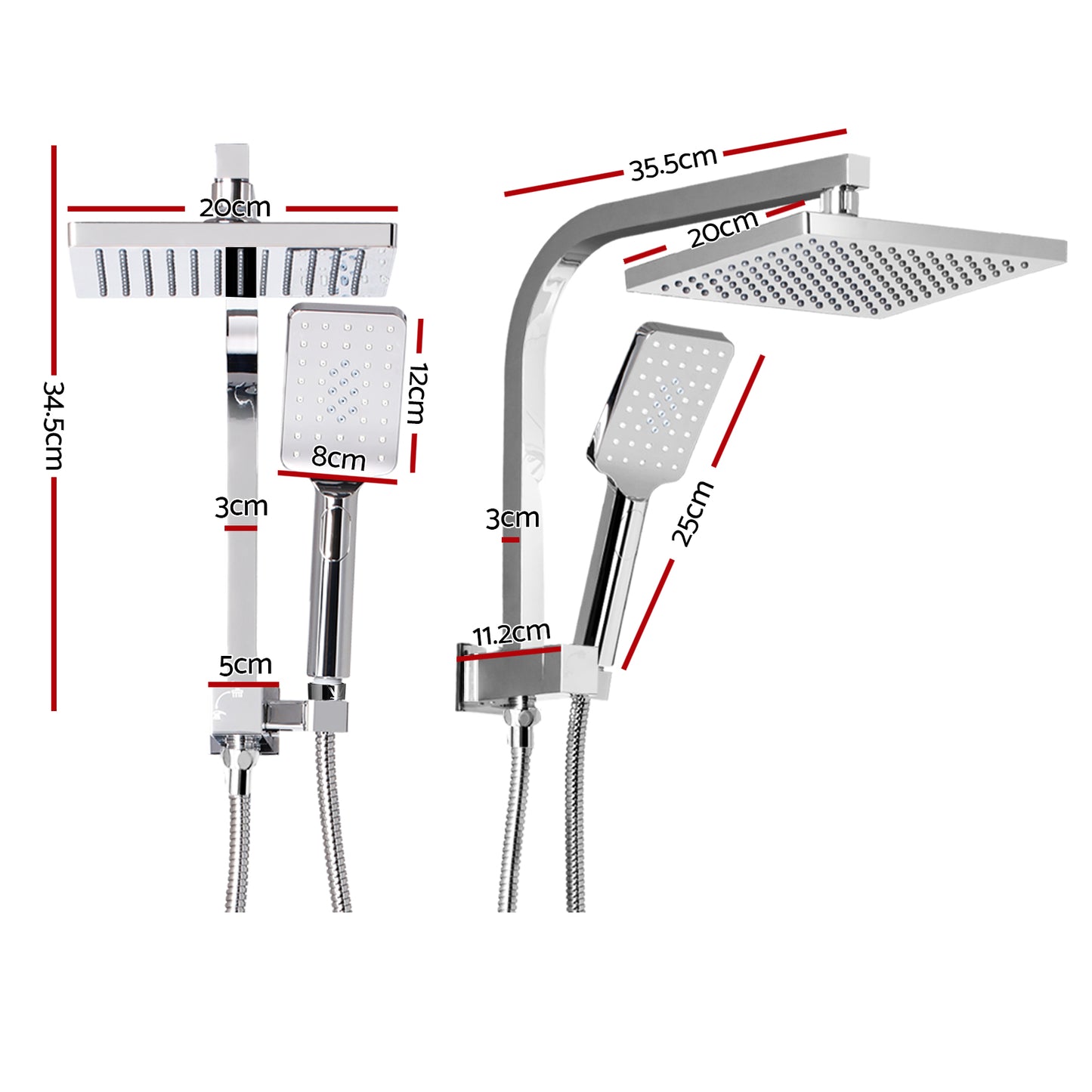 Cefito 8'' Rain Shower Head Set Handheld Square High Pressure Chrome SHOWER-A2-SQ-8-SI