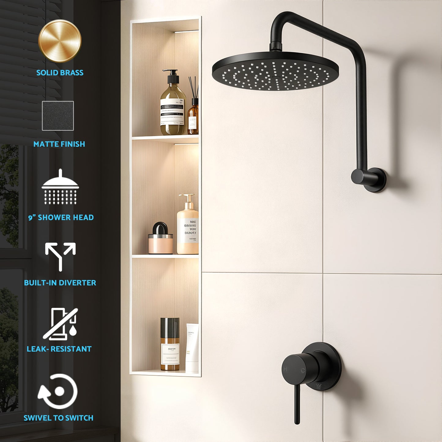 Cefito 9'' Rain Overhead Swivel Shower Head with Wall Bathroom Mixer SHOWER-A3-RO-9-BK-MIXER-RO