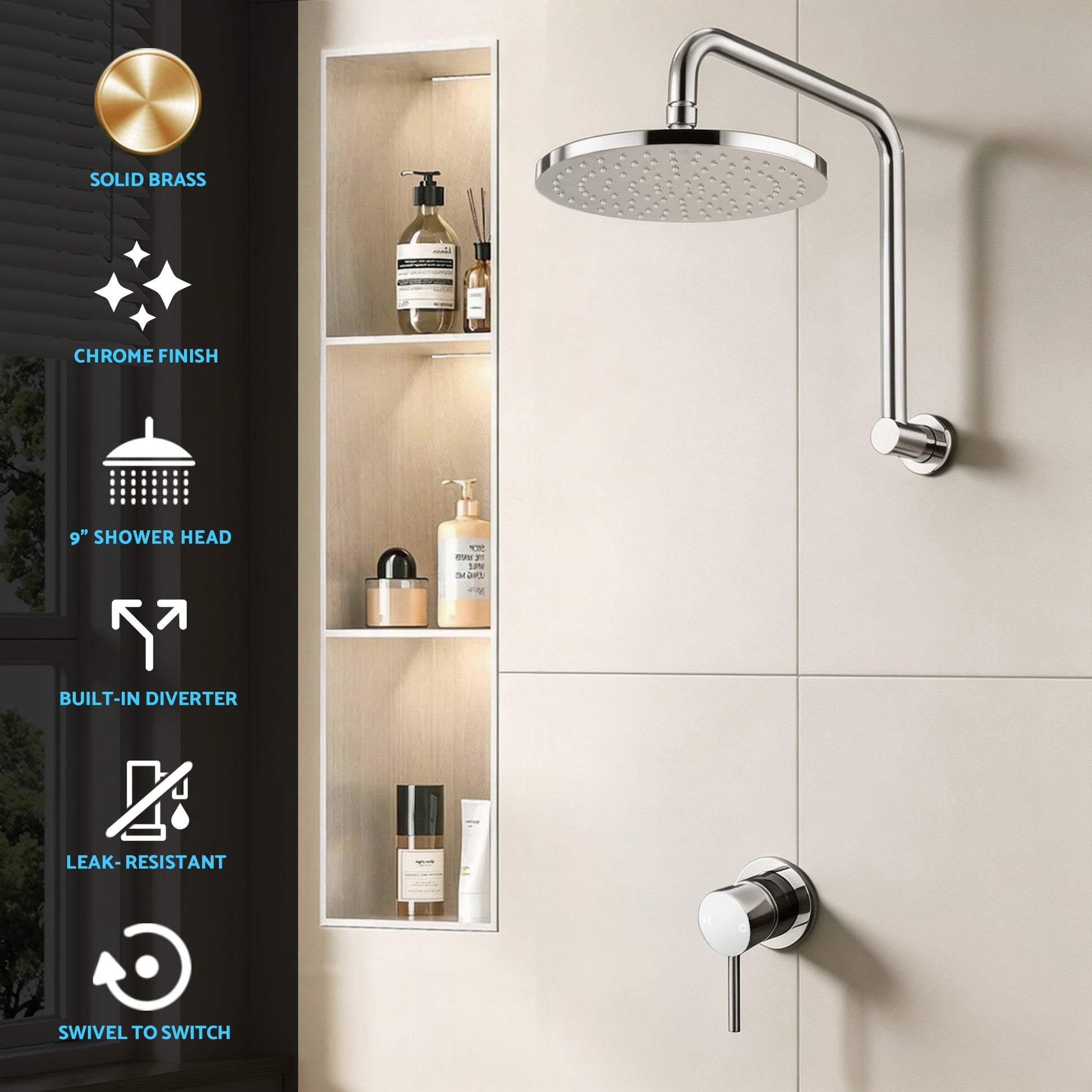 Cefito 9'' Rain Overhead Swivel Shower Head with Wall Bathroom Mixer Silver SHOWER-A3-RO-9-SI-MIXER-RO