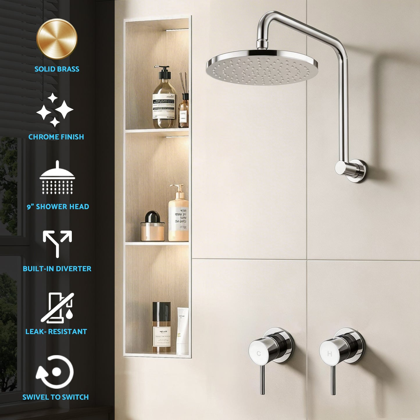 Cefito 9'' Rain Overhead Swivel Shower Head with Wall Twin Swivel Bathroom Tap Silver SHOWER-A3-RO-9-SI-TAP-RO