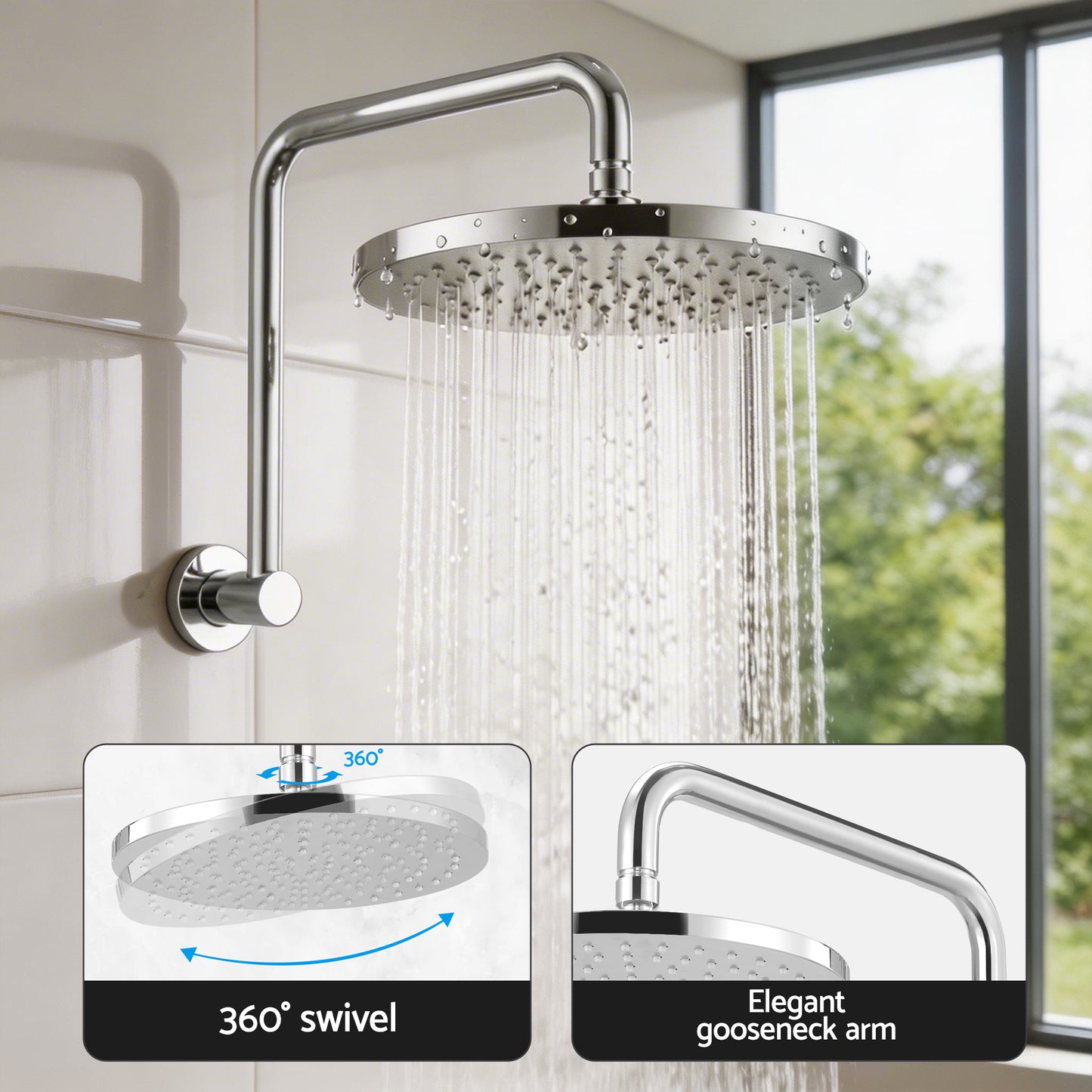 Cefito 9'' Rain Overhead Swivel Shower Head with Wall Twin Swivel Bathroom Tap Silver SHOWER-A3-RO-9-SI-TAP-RO
