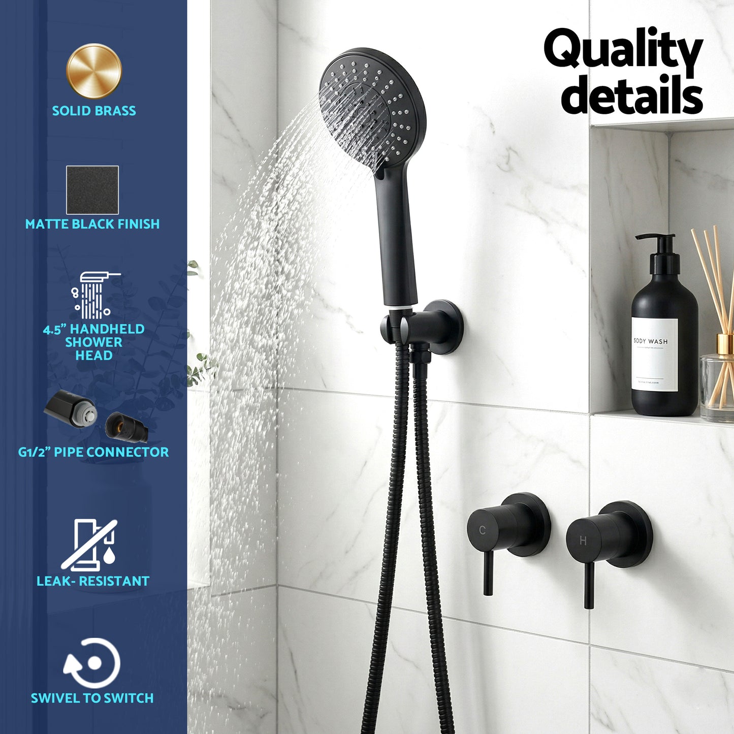 Cefito 4.5" Handheld Shower Head Round with Wall Twin Swivel Bathroom Tap SHOWER-A4-RO-BK-TAP-RO