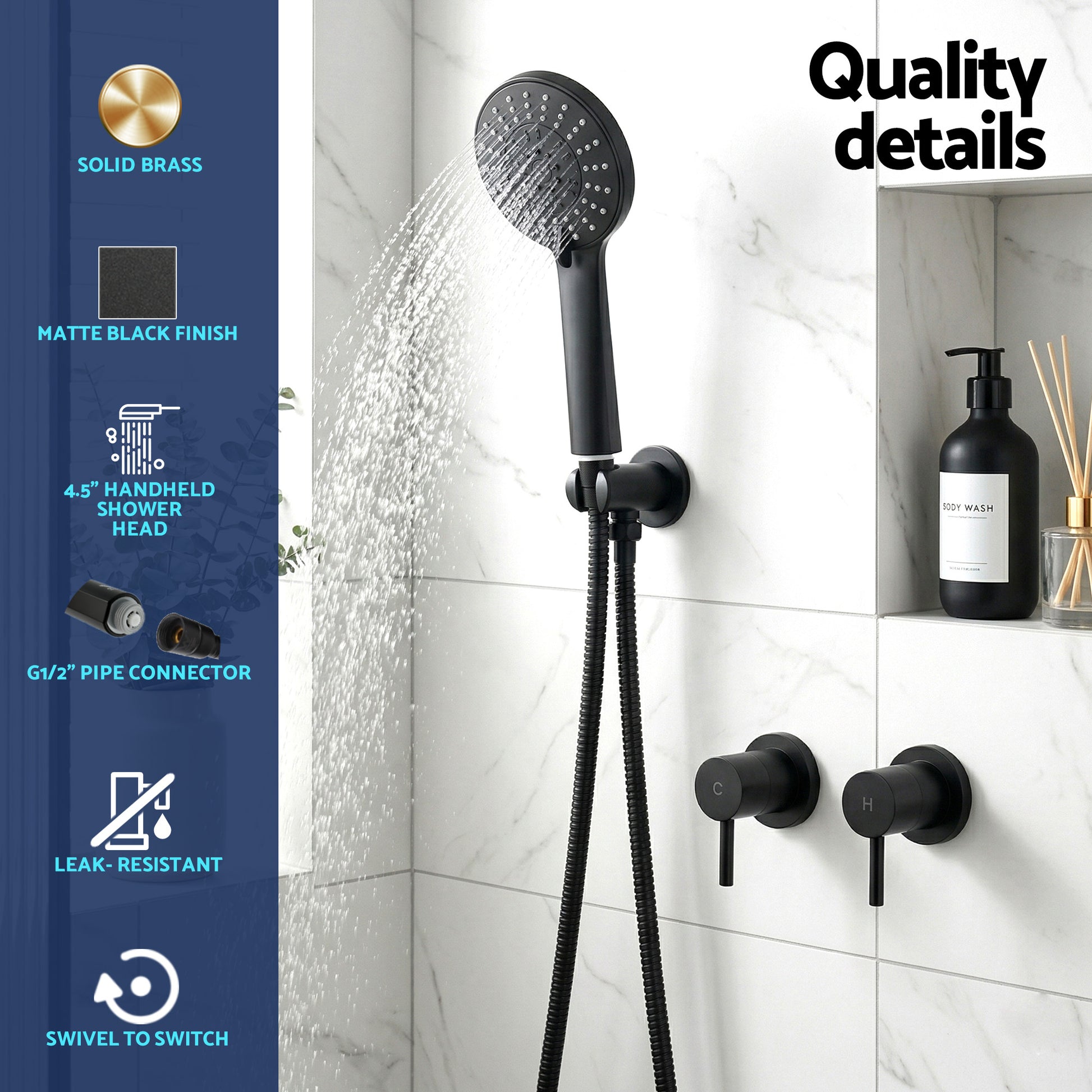 Cefito 4.5" Handheld Shower Head Round with Wall Twin Swivel Bathroom Tap SHOWER-A4-RO-BK-TAP-RO