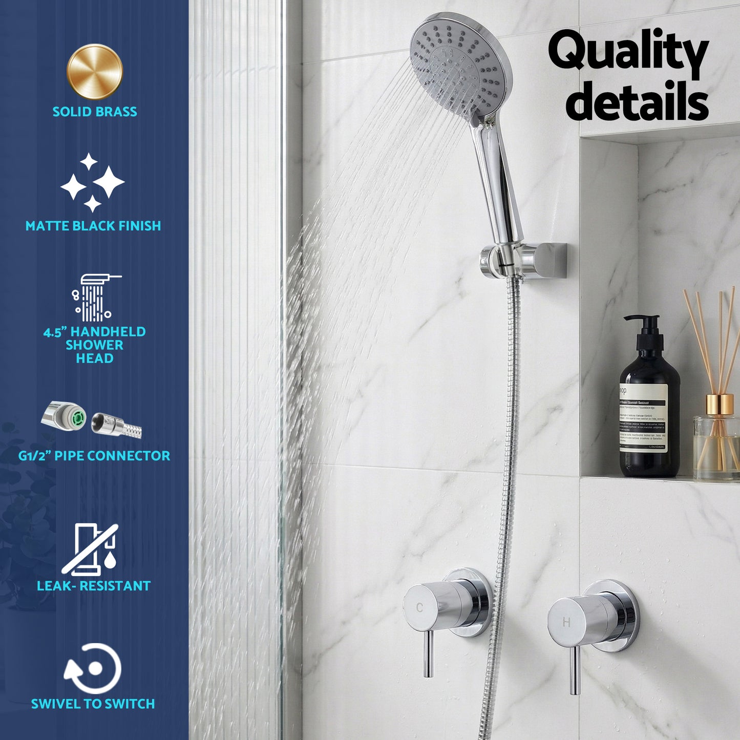 Cefito 4.5" Handheld Shower Head Round with Wall Twin Swivel Bathroom Tap Silver SHOWER-A4-RO-SI-TAP-RO
