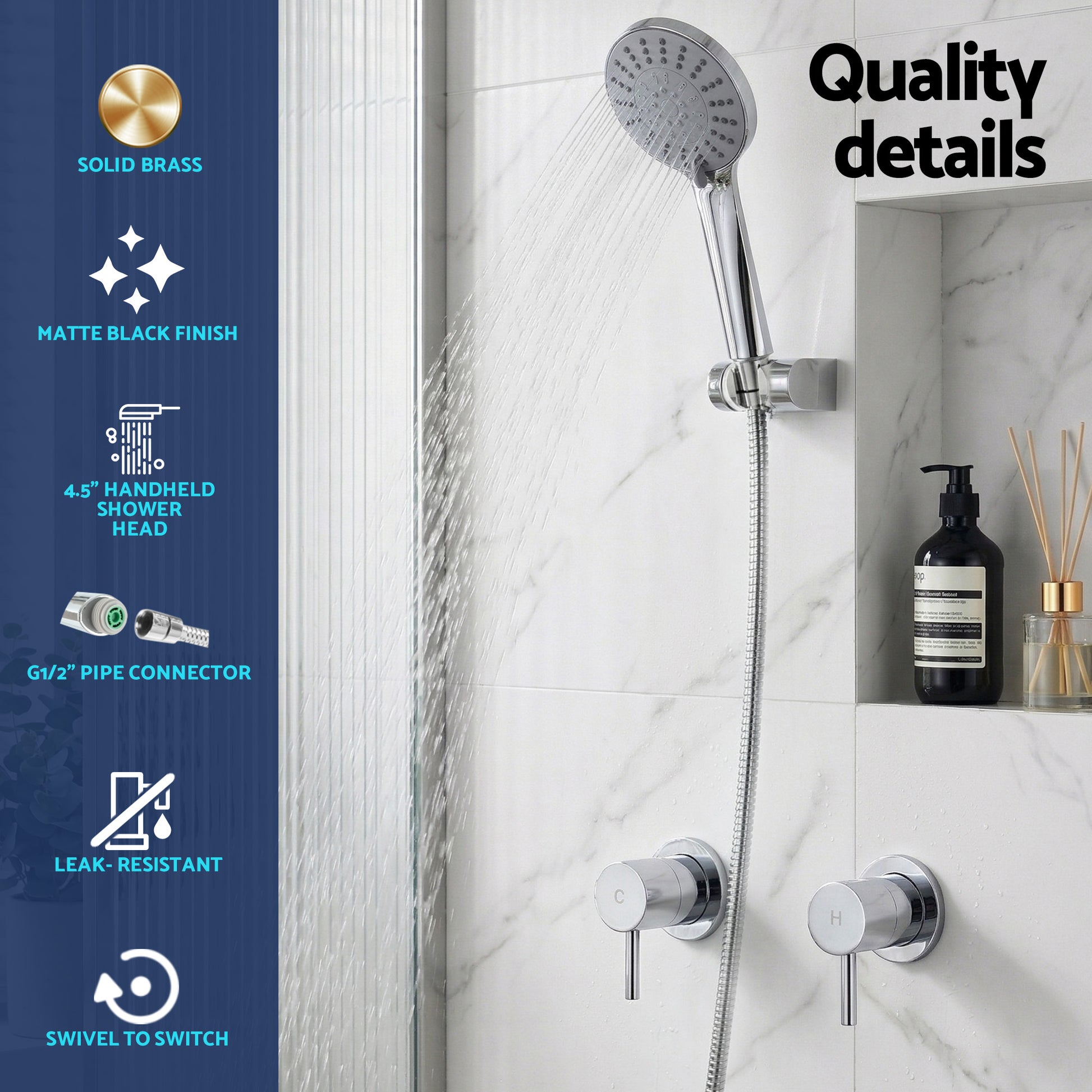 Cefito 4.5" Handheld Shower Head Round with Wall Twin Swivel Bathroom Tap Silver SHOWER-A4-RO-SI-TAP-RO