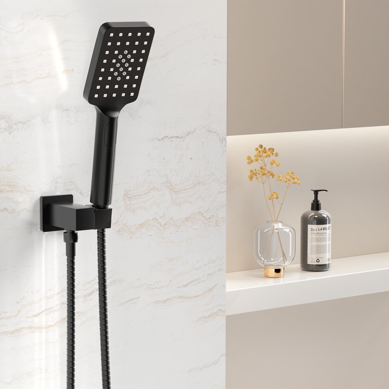 Handheld Shower Head Holder 3.1'' High Pressure Black SHOWER-A6-SQ-BK
