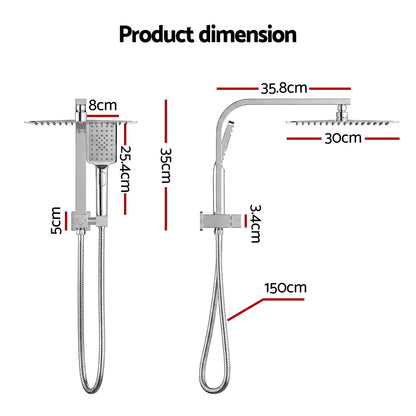 12" Rain Shower Head Set with 3-Mode Handheld Brass High Pressure WELS Chrome SHOWER-B-B2-SQ-12-SI