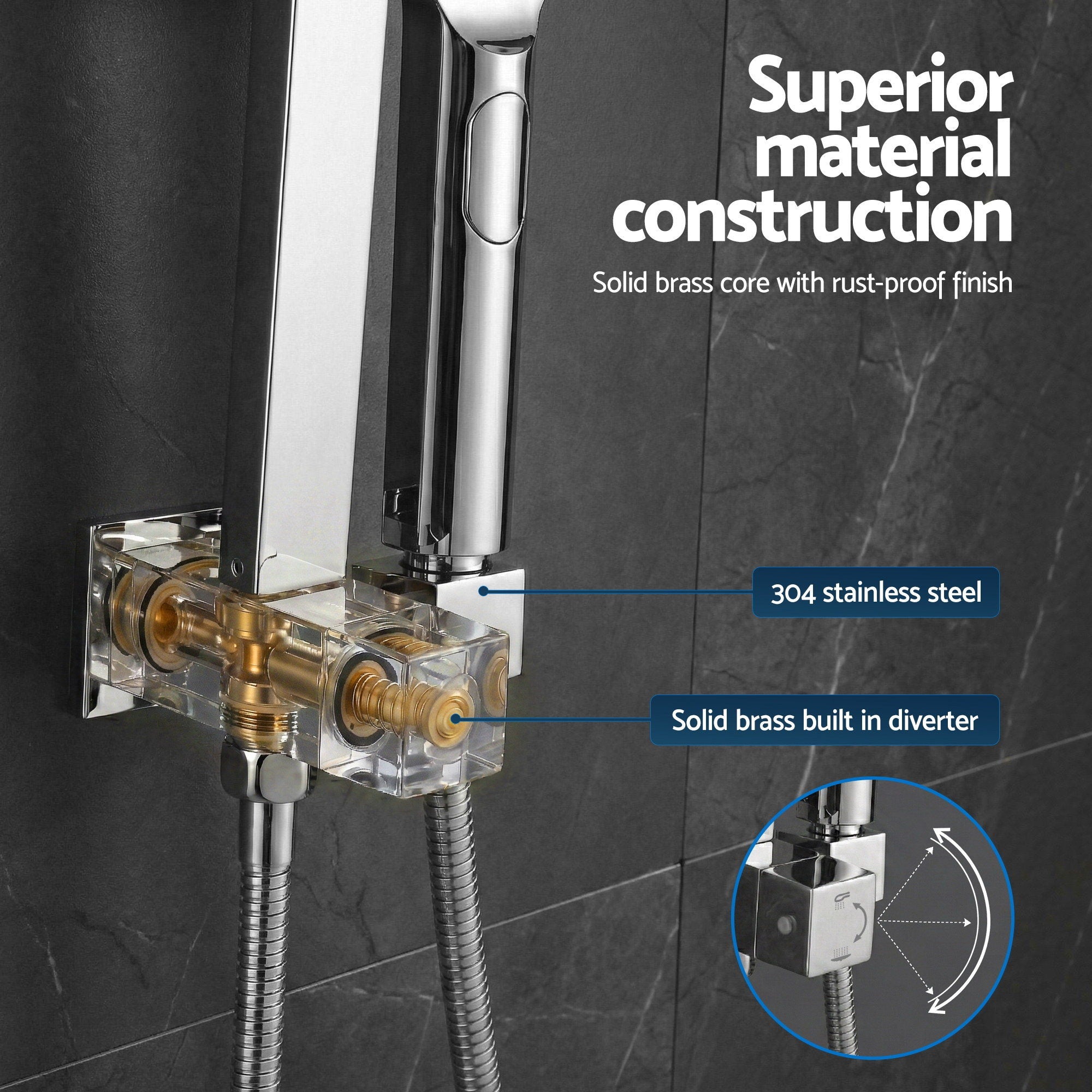 12" Rain Shower Head Set with 3-Mode Handheld Brass High Pressure WELS Chrome SHOWER-B-B2-SQ-12-SI