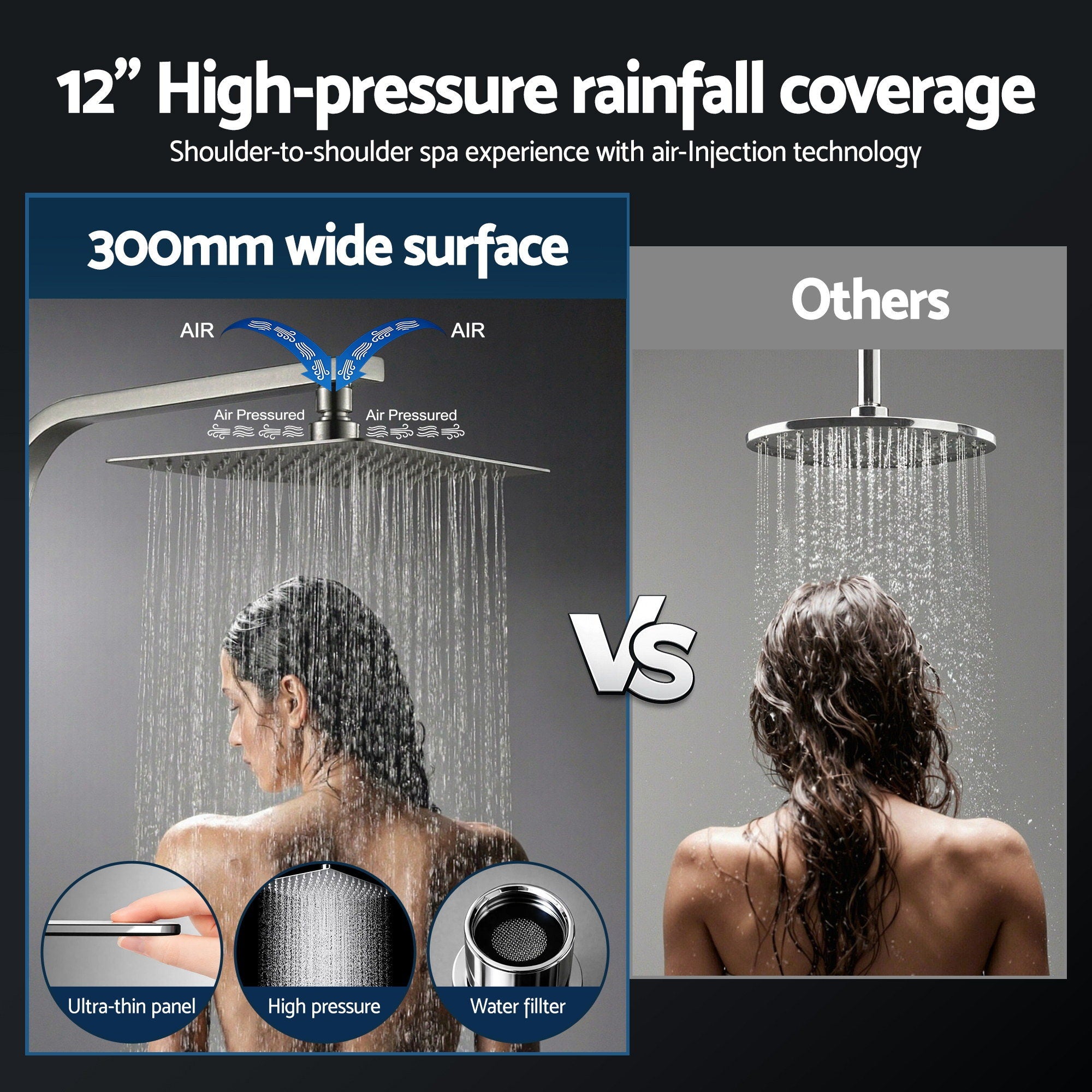 12" Rain Shower Head Set with 3-Mode Handheld Brass High Pressure WELS Chrome SHOWER-B-B2-SQ-12-SI