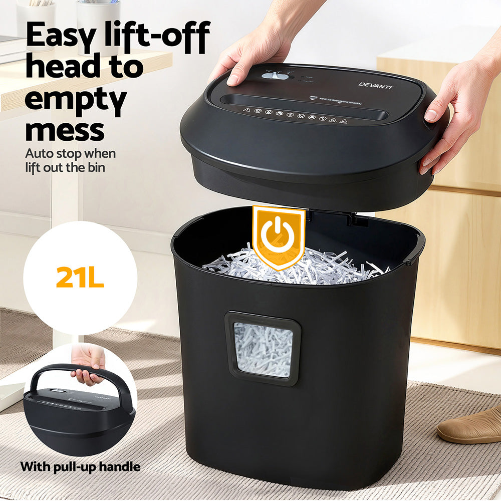 Devanti Electric Paper Shredder for Home Office 10 A4 Paper Sheet Cross-Cut Paper SHRED-1001C-BK