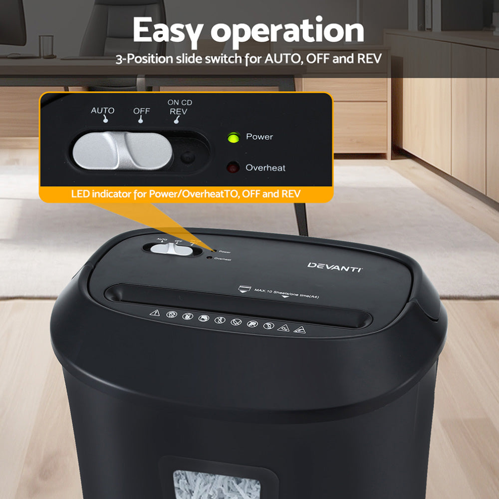 Devanti Electric Paper Shredder for Home Office 10 A4 Paper Sheet Cross-Cut Paper SHRED-1001C-BK