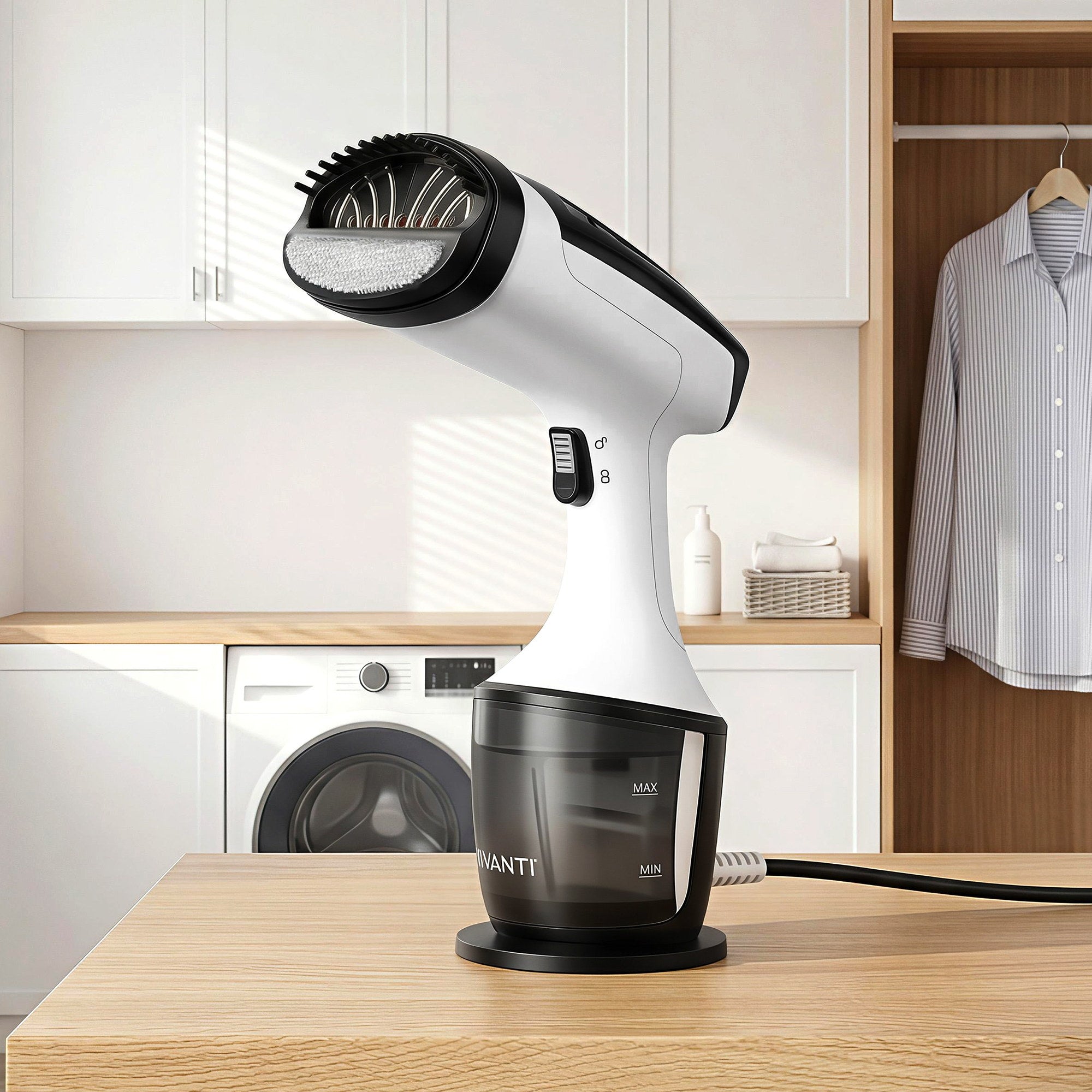 Devanti Clothes Steamer, 1500W Powerful Fast 30s Heat-Up Continuous Steam Lock 160ml Tank Fabric Brush SI-PORT-0032-WH