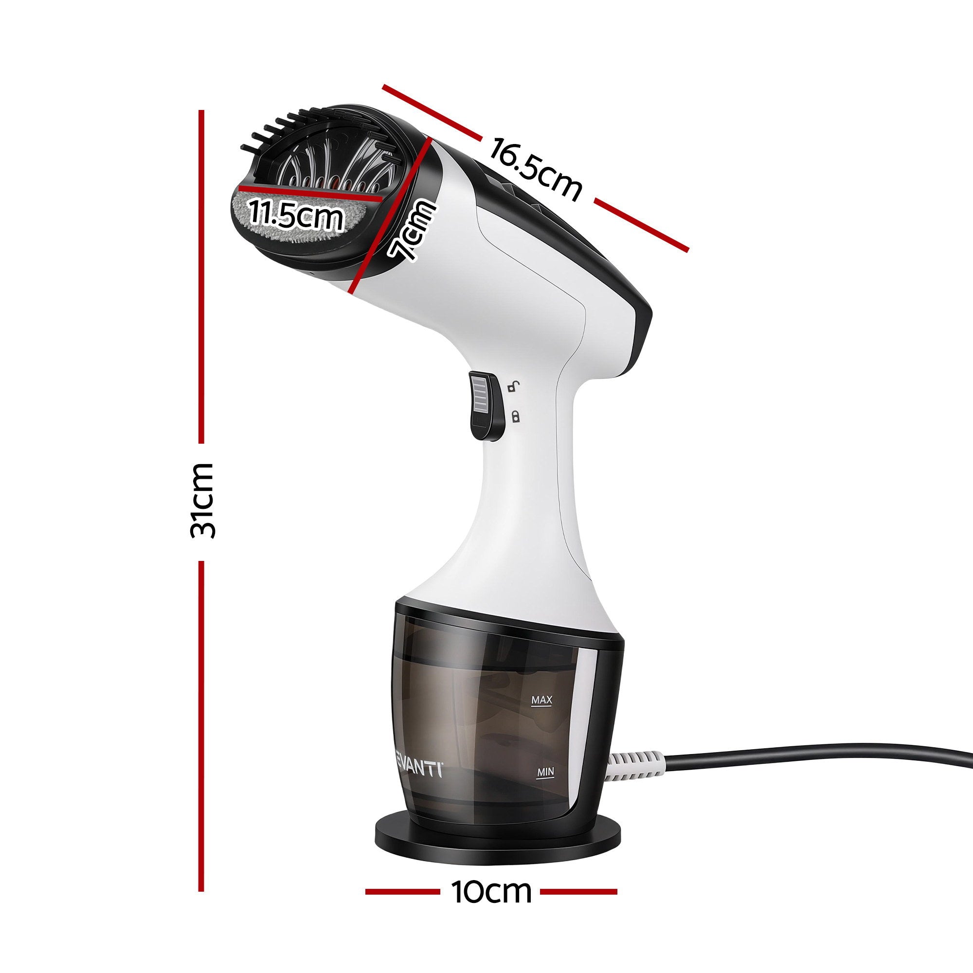 Devanti Clothes Steamer, 1500W Powerful Fast 30s Heat-Up Continuous Steam Lock 160ml Tank Fabric Brush SI-PORT-0032-WH